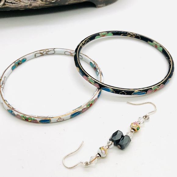 Vintage Cloisonné 925 Earrings & Bangle Bracelet Stack - Picture 7 of 11
